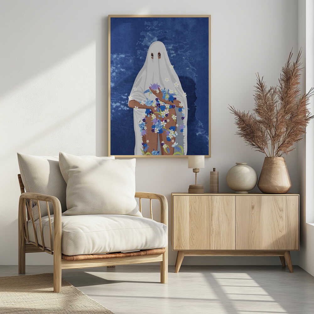 An illustration of a person with brown skin wearing a white ghost sheet against a deep blue, textured background. Their eyes peek through holes in the sheet, and their arms and legs are adorned with a cascade of blue, purple, and white flowers. Wall Art