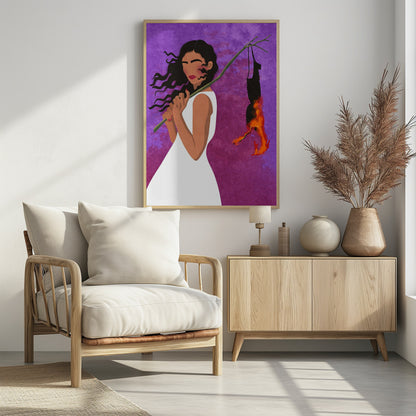 A graphic illustration of a woman with long, dark hair in a white dress, set against a vibrant purple background. She holds a branch over her shoulder from which a black object, possibly a bra, hangs and burns with bright orange flames. Artwork