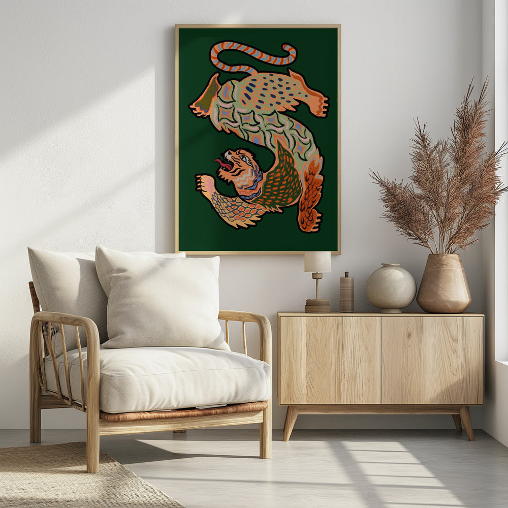 A vibrantly colored, stylized illustration of a winged, serpentine tiger forming the shape of the letter 'S' on a dark green background. The creature is decorated with intricate patterns in orange, green, and blue and has a roaring tiger head at its base. Print