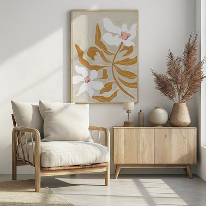 A modern, stylized illustration of two large white flowers with pink centers and numerous ochre-brown leaves on a textured, light beige background, enclosed in a black frame. Poster