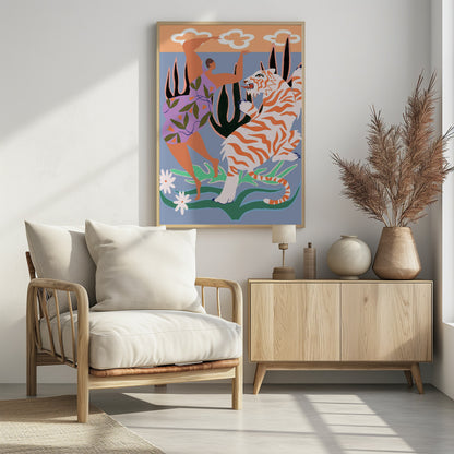 A stylized, colorful illustration depicting a woman in a purple, leaf-patterned dress dancing joyfully with a fierce white and orange tiger in a whimsical jungle setting. The background is light blue with large dark plants, and a peach-colored sky with white clouds is visible at the top. Decor