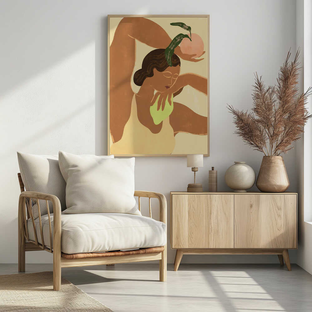 A modern, stylized illustration of a woman with brown skin in a flexible pose, with one leg bent over her head. She holds a pink fruit with green leaves in one hand, while the other rests on her chest. The background is a soft, pale yellow. Decor