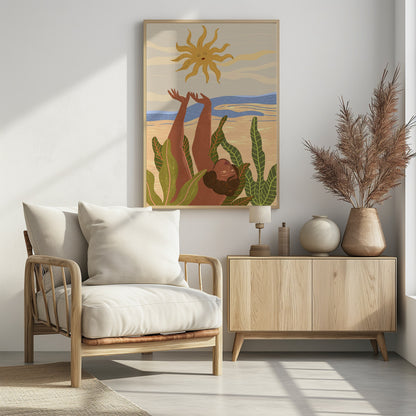 An art print titled 'Sun Worship' depicting a stylized sun, possibly with abstract or spiritual elements, in warm tones. Decor