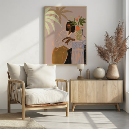 A stylized illustration of a Black woman with an orange flower over one eye, wearing a sheer white blouse and brown skirt, leaning against a classical column holding a vase of flowers, surrounded by tropical leaves against a muted pink background. Print