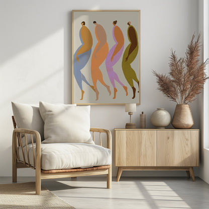 A modern, minimalist illustration of four elongated, stylized human figures walking in a line. Each figure is depicted in profile using a unique, vibrant color palette of blue, orange, purple, and olive green, set against a neutral beige background within a black frame. Artwork