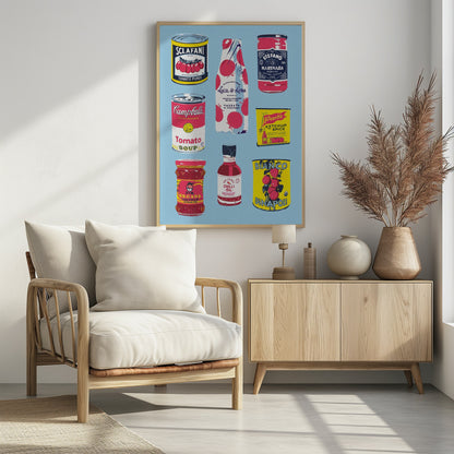 An illustrated art print featuring nine different vintage-style tomato products arranged in a grid on a light blue background. Products include Campbell's Tomato Soup, Sclafani Tomato Puree, and various other sauces, oils, and canned tomatoes. Artwork