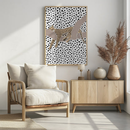 A graphic illustration of a spotted leopard sleeping on a smooth, tan tree branch. The entire background is a pattern of irregular black polka dots on a white field, creating a bold, modern aesthetic. Artwork