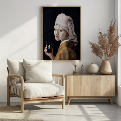 A humorous modern parody of Vermeer's 'Girl with a Pearl Earring,' where the subject wears a white clay face mask and a towel wrapped around her head, looking over her shoulder while holding a smartphone displaying the TikTok app. Decor