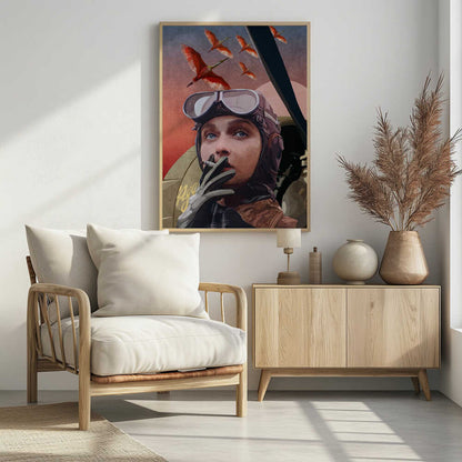 A framed vintage-style illustration of a female aviator with striking blue eyes, wearing a leather helmet and goggles. She holds a cigarette to her lips while looking up at a flock of bright red birds flying across a reddish-pink sky. Wall Art