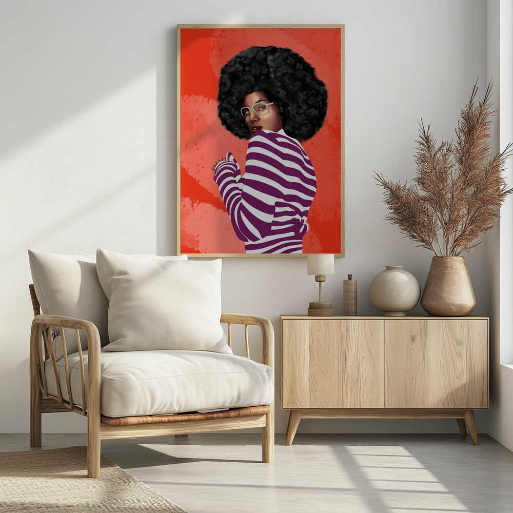 A digital illustration of a Black woman with a large afro, looking back over her shoulder. She wears white glasses and a purple and white striped shirt against a vibrant, textured red background. Artwork