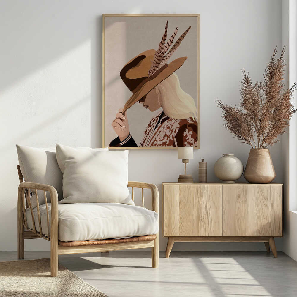 A graphic illustration of a blonde woman in profile, tipping a large brown fedora-style hat with feathers. Her face is partially obscured by the hat. She is wearing a patterned brown and white jacket over a black top against a solid light beige background. Print