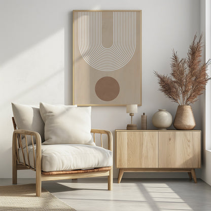 A minimalist abstract art print in a black frame, featuring a large U-shaped arch made of concentric white lines on a beige background. Below the arch, there is a solid brown circle. Artwork