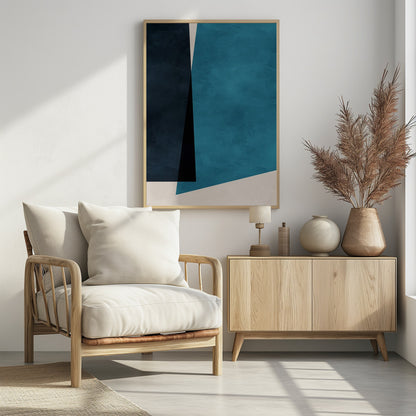 An abstract modern art piece in a black frame, featuring a color block composition of large geometric shapes in navy blue, teal, black, and off-white, with a subtle textured finish. Print