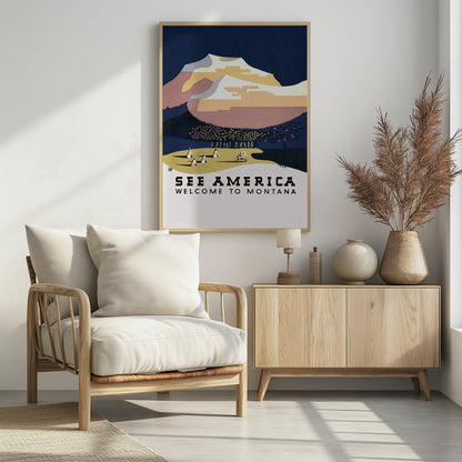 A vintage-style travel poster for Montana, featuring a stylized graphic of a snow-capped mountain range under a dark blue sky. In the foreground, a Native American camp with several teepees and a person on horseback is shown on a light-colored plain. The text at the bottom reads 'SEE AMERICA' and 'WELCOME TO MONTANA'. Poster