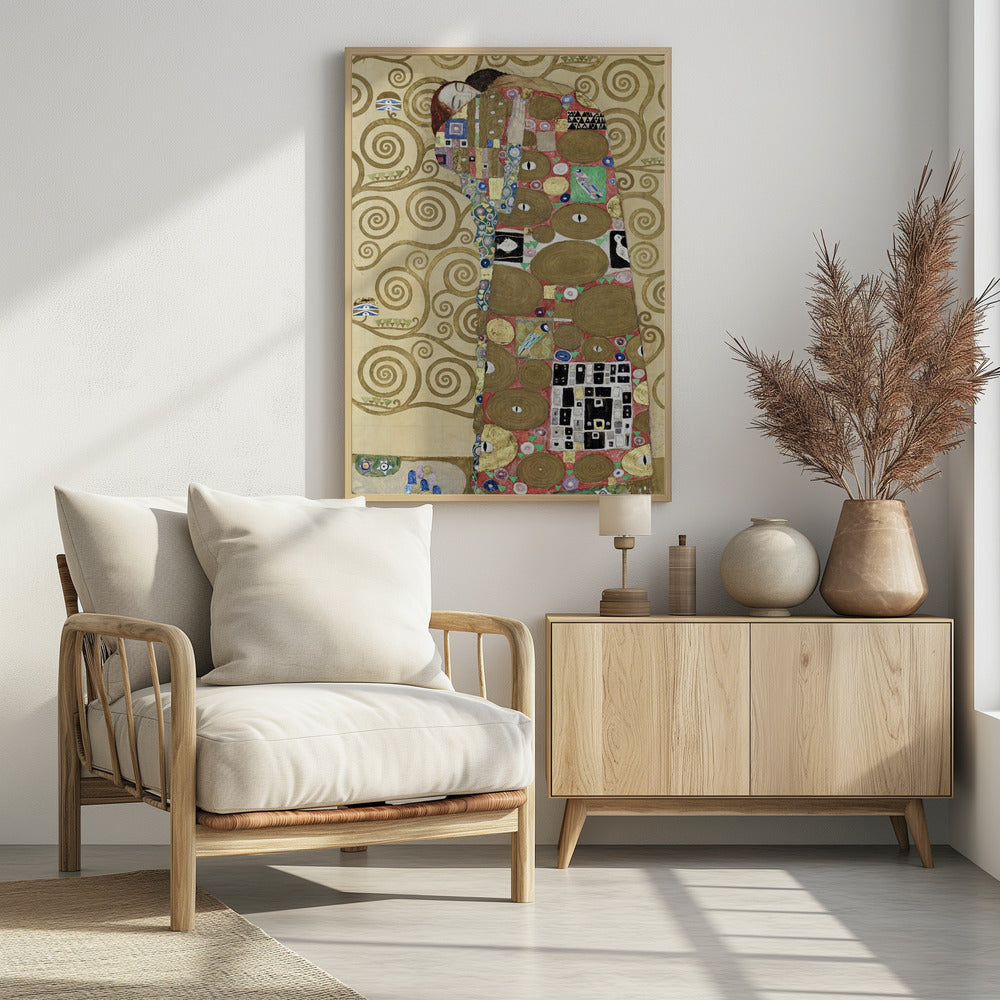 A vertical Art Nouveau painting by Gustav Klimt, featuring a detail of 'The Fulfilment'. A woman with closed eyes is enveloped in a decorative, mosaic-like robe filled with circular patterns, eyes, and geometric shapes against a red background. To the left, the golden, swirling branches of the Tree of Life stand against a cream-colored, patterned background. The artwork is rich in gold leaf and intricate detail, framed in black. Poster