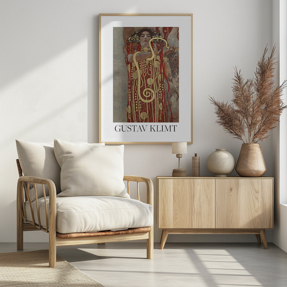 A poster of Gustav Klimt's 'Hygieia', featuring a woman with an elaborate headdress and a red and gold patterned robe. A large golden snake is wrapped around her arm as she holds up a bowl. The poster has a white border with 'GUSTAV KLIMT' written at the bottom and is displayed in a black frame. Wall Art