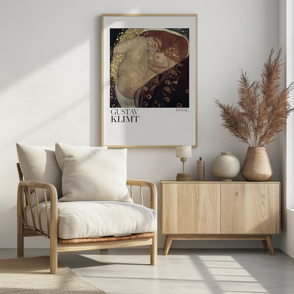 A poster of Gustav Klimt's 'Danae,' a famous Art Nouveau painting. It shows a nude woman with flowing red hair in a fetal position, enveloped by a shower of gold, set against a dark, ornate background. The poster has a white border with the artist's name and the title. Poster