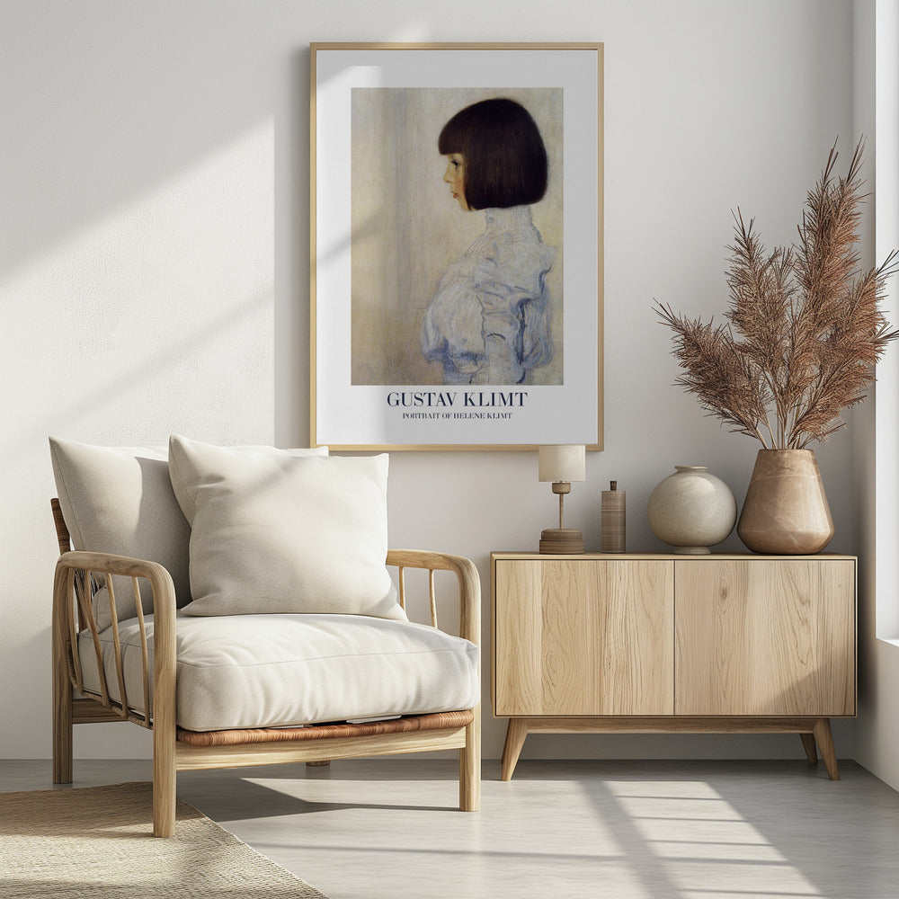 A framed art print of Gustav Klimt's 'Portrait of Helene Klimt'. The painting shows a young girl in profile with a dark bob haircut and a high-collared, ruffled light blue dress against a textured beige background. The artist's name and the painting's title are printed at the bottom. Wall Art