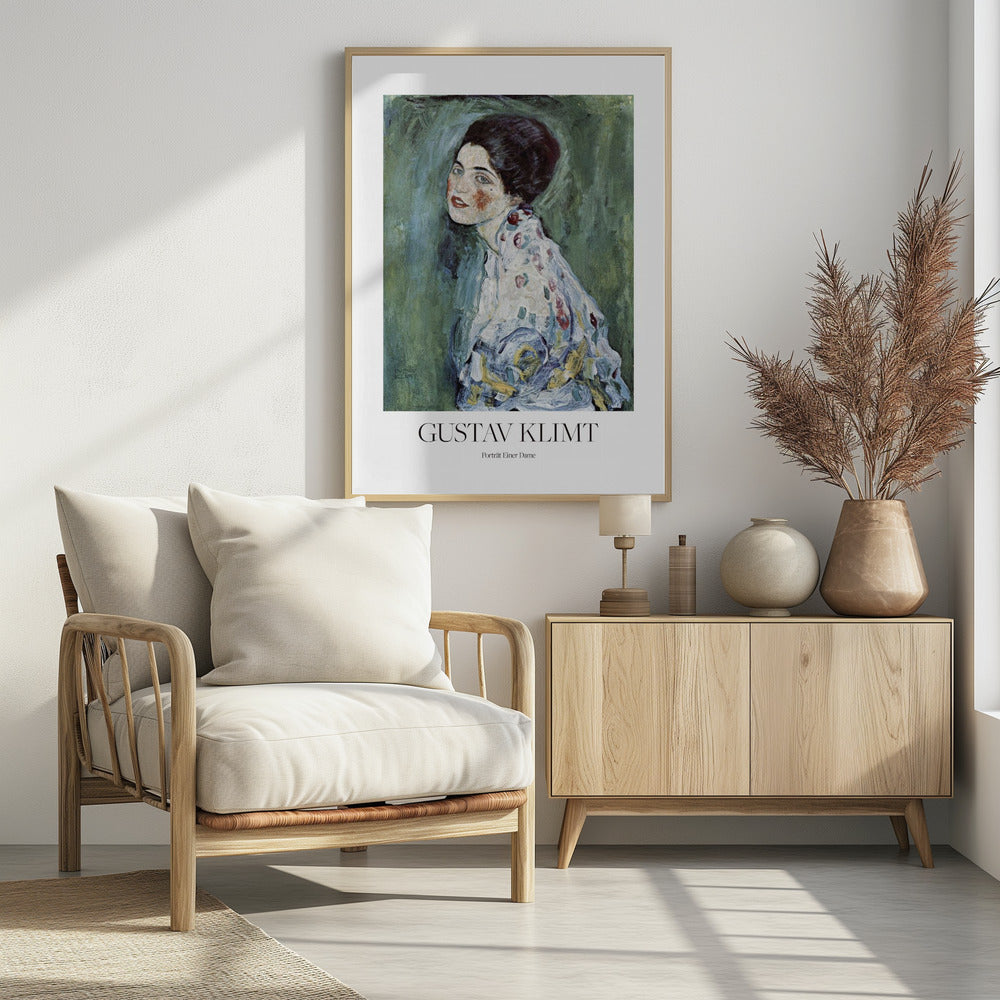 A framed art print poster of Gustav Klimt's "Portrait of a Lady". The painting depicts a woman with dark, upswept hair and blue eyes against a textured green background. The poster includes the text "GUSTAV KLIMT" and "Porträt Einer Dame" below the artwork. Wall Art