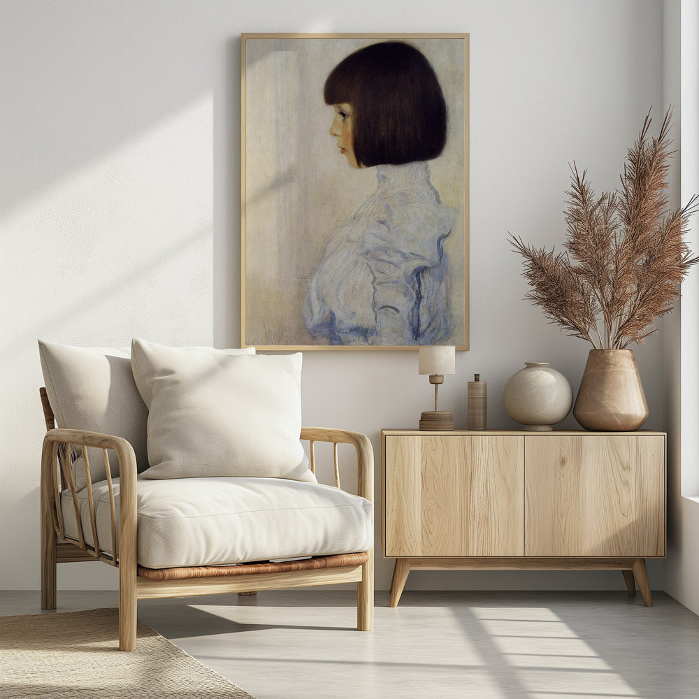 A classic framed portrait painting of a young girl in profile. She has dark brown hair in a sharp bob with bangs and is wearing a high-collared, ruffled light blue blouse against a plain, off-white background. Print