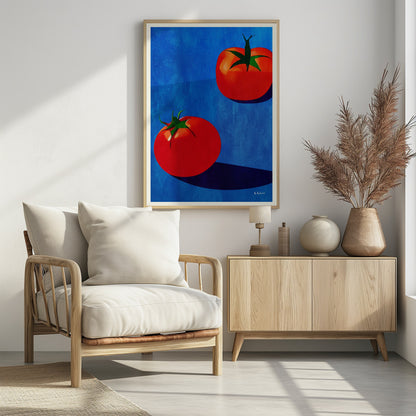 A vibrant, graphic-style painting of two ripe red tomatoes with green stems set against a textured, bold blue background. The tomatoes cast long, dark blue shadows, creating a high-contrast and modern still life. Decor