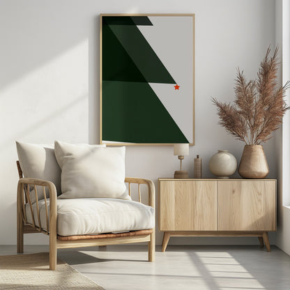 A minimalist abstract painting of a Christmas tree, created with large dark green triangles against a white background, accented with a single small red star. The artwork is presented in a simple black frame. Print