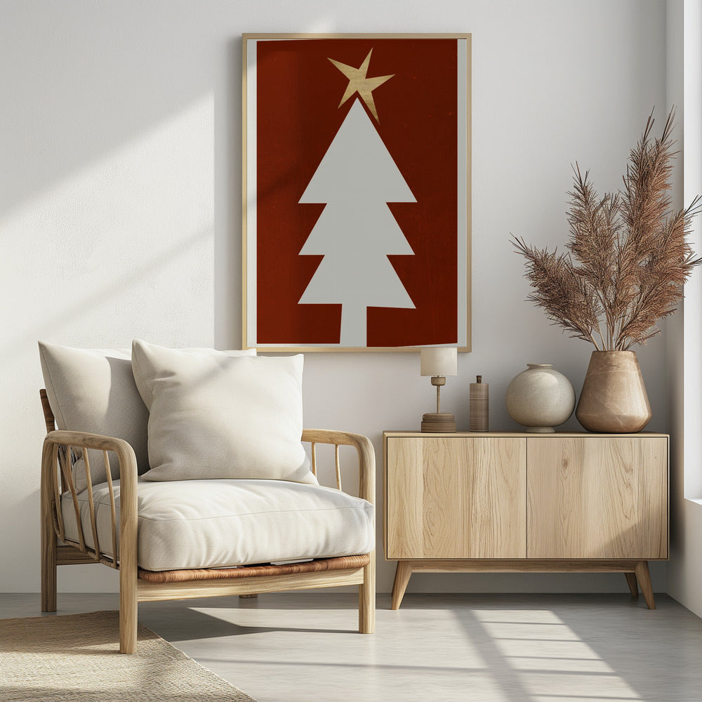 A minimalist graphic illustration of a white Christmas tree with a gold star on top, set against a dark red, textured background and framed in black. Artwork
