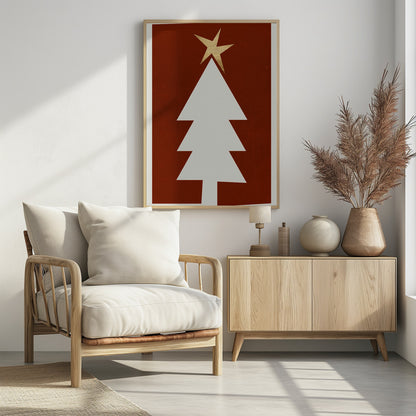 A minimalist graphic illustration of a white Christmas tree with a gold star on top, set against a dark red, textured background and framed in black. Artwork