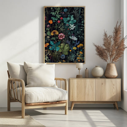 A vintage-style botanical illustration featuring a dense arrangement of colorful flowers and lush green foliage against a dark, dramatic background. Various species of flowers in shades of pink, orange, yellow, and blue are intricately detailed, creating a vibrant, tapestry-like effect. Poster