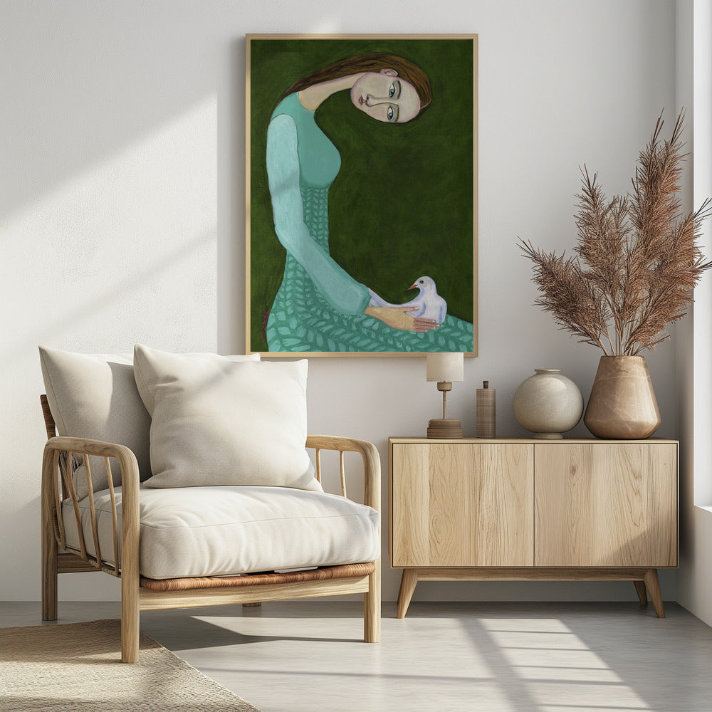 Lady sitting with white dove bird woman - Poster / Art Print