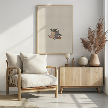 A cute, whimsical illustration of a tan bear in a witch hat and a gray cat with bat wings happily flying together on a broomstick, set against a beige grid paper background with tiny ghosts and stars. Poster