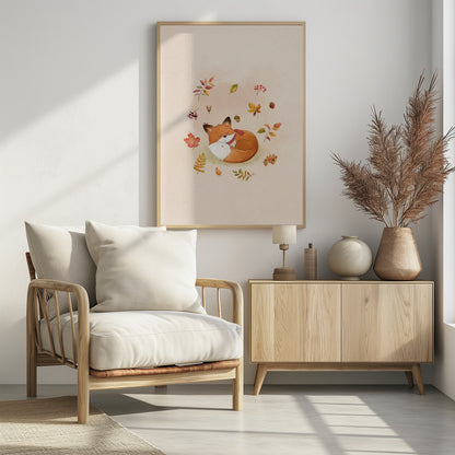 A charming watercolor illustration of a cute orange fox sleeping soundly, curled into a ball on a light beige background. The fox is wearing a cozy red and white striped scarf. Floating around the fox are various colorful autumn leaves, red berries, an acorn, and a small pinecone, creating a peaceful and whimsical fall scene. Decor