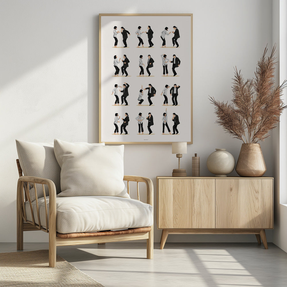 A minimalist art print in a black frame, featuring a grid of twelve illustrations depicting the iconic dance sequence from Pulp Fiction. Each illustration shows the characters Mia Wallace and Vincent Vega in different poses from their dance, set against a plain off-white background. Wall Art