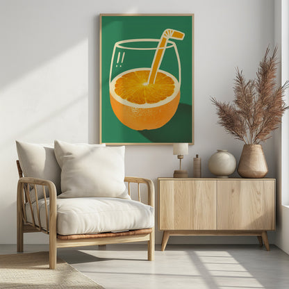 A surrealist pop-art style illustration of an orange fruit that doubles as a glass of orange juice. The bottom half is a photorealistic orange, while the top half is a simple white line drawing of a glass. An orange-colored cartoon straw sticks out from the center of the orange. The entire image is set against a solid dark green background. Decor