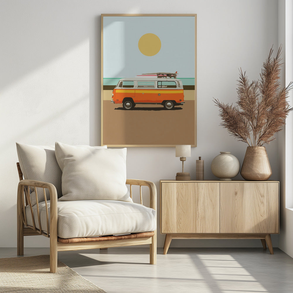 A minimalist art print of a vintage orange and white camper van parked on a sandy beach. Surfboards are strapped to the roof, and in the background, the ocean meets a light blue sky with a large yellow sun. Decor