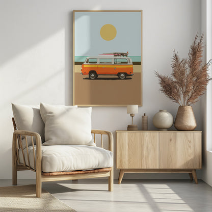 A minimalist art print of a vintage orange and white camper van parked on a sandy beach. Surfboards are strapped to the roof, and in the background, the ocean meets a light blue sky with a large yellow sun. Decor