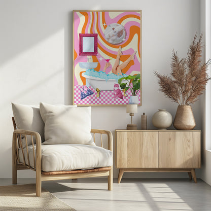 A funky, retro-style collage of a bathroom scene. A woman's legs are up in the air out of a bubble bath while she holds a pink cocktail. A disco ball hangs above, against a psychedelic background of wavy pink, orange, and cream stripes. A pink cat sits on the pink and white checkered floor next to the tub. Decor
