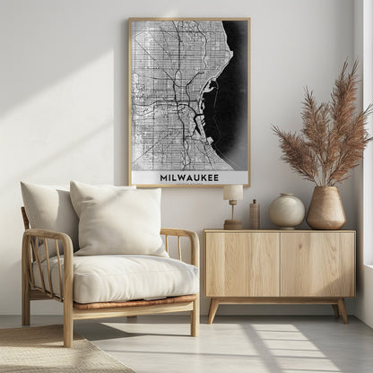 A minimalist, black and white street map of Milwaukee, displayed in a black frame. The map details the city's grid system, major roads, and waterways against a textured background, with the word 'MILWAUKEE' in a bold, sans-serif font at the bottom. Poster