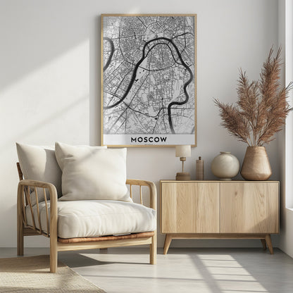 A framed, minimalist black and white street map of Moscow, Russia. The map details the intricate road network and the winding Moskva River. The word 'MOSCOW' is printed in large, black capital letters at the bottom. Print