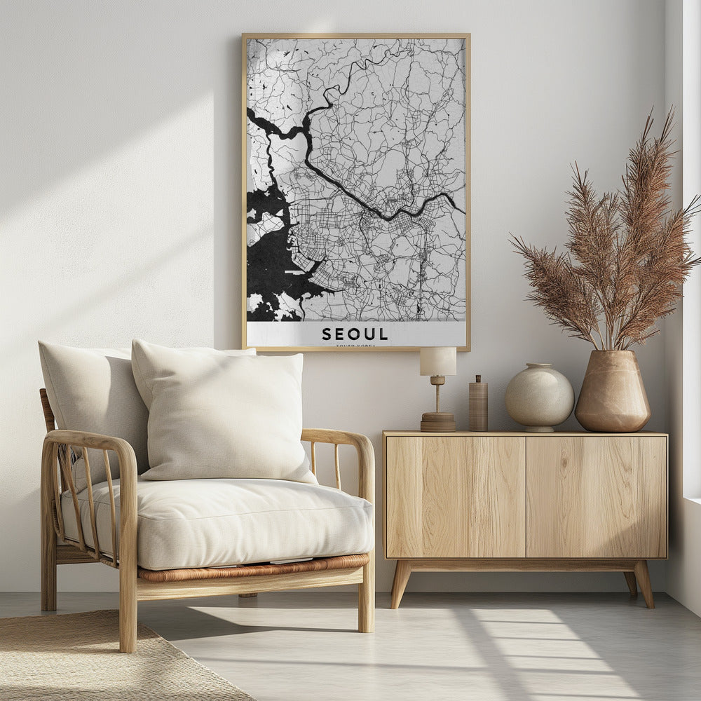 A minimalist black and white map of Seoul, South Korea, showing the city's intricate network of roads and the Han River. The map is presented in a modern, artistic style with a simple black frame and the word 'SEOUL' in bold capital letters at the bottom. Decor