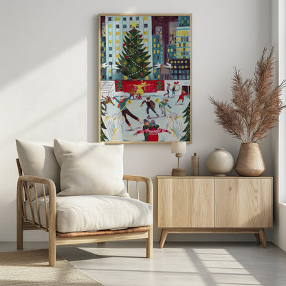 A festive, colorful painting of a bustling city ice rink at Christmas, with a giant decorated tree towering over skaters against a backdrop of illuminated skyscrapers at night. Print