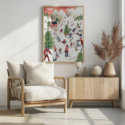 A whimsical watercolor illustration of a busy ski resort on a snowy mountain. People of all ages are skiing, snowboarding, sledding, and building a snowman, surrounded by decorated pine trees, a village with a church, deer, and dogs under a pink, snowy sky. Print