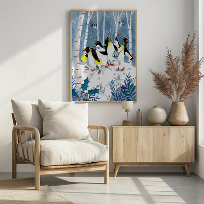 A whimsical painting of four penguins joyfully parading and playing music in a snowy winter forest. One penguin plays a drum, another shakes maracas, and two others sing, surrounded by birch trees, holly, and a small rabbit. Decor