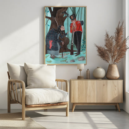 A stylized illustration of a fairytale scene in a forest, where an old woman with a long nose, wearing a dark plaid coat and headscarf, speaks to a soldier in a bright red uniform. The soldier leans on his rifle, listening, while a crow watches from a large tree behind them, from which a noose also hangs. Poster