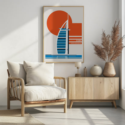A minimalist travel poster of Dubai, featuring a stylized illustration of the Burj Al Arab hotel in shades of blue. A large orange circle, representing the sun, is in the background. The text 'DUBAI' and 'UNITED ARAB EMIRATES' is printed in white on orange bars to the right. The artwork is presented in a black frame. Artwork