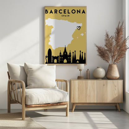 A vintage-style travel poster for Barcelona, Spain. The poster has a mustard yellow background, a white silhouette of the map of Spain with a heart marking Barcelona's location, and a black silhouette of the city's skyline at the bottom. The text 'BARCELONA' and 'SPAIN' is at the top in black font. Wall Art