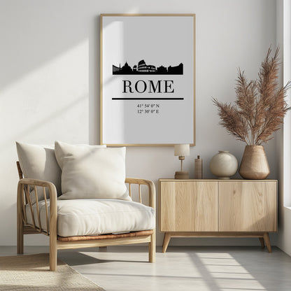 A minimalist black and white framed poster of Rome. It features a black silhouette of the city skyline, including the Colosseum, against a white background. Below the skyline is the word 'ROME' in a large serif font, followed by the city's geographical coordinates. Poster