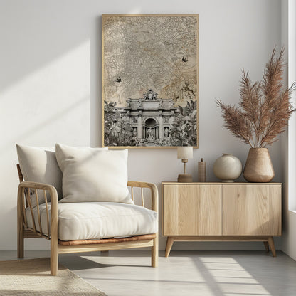 A vintage-style collage with a sepia map of Rome as the background. At the bottom is a detailed black and white illustration of the Trevi Fountain, surrounded by cutouts of foliage and historical figures. Two black birds are shown flying over the map. Decor