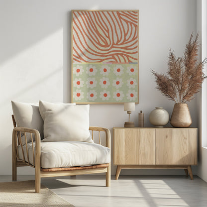 A modern abstract artwork with a split design. The top section features wavy, organic orange lines on a cream background, resembling wood grain. The bottom section is a pattern of simple white and orange flowers on a sage green background. Poster