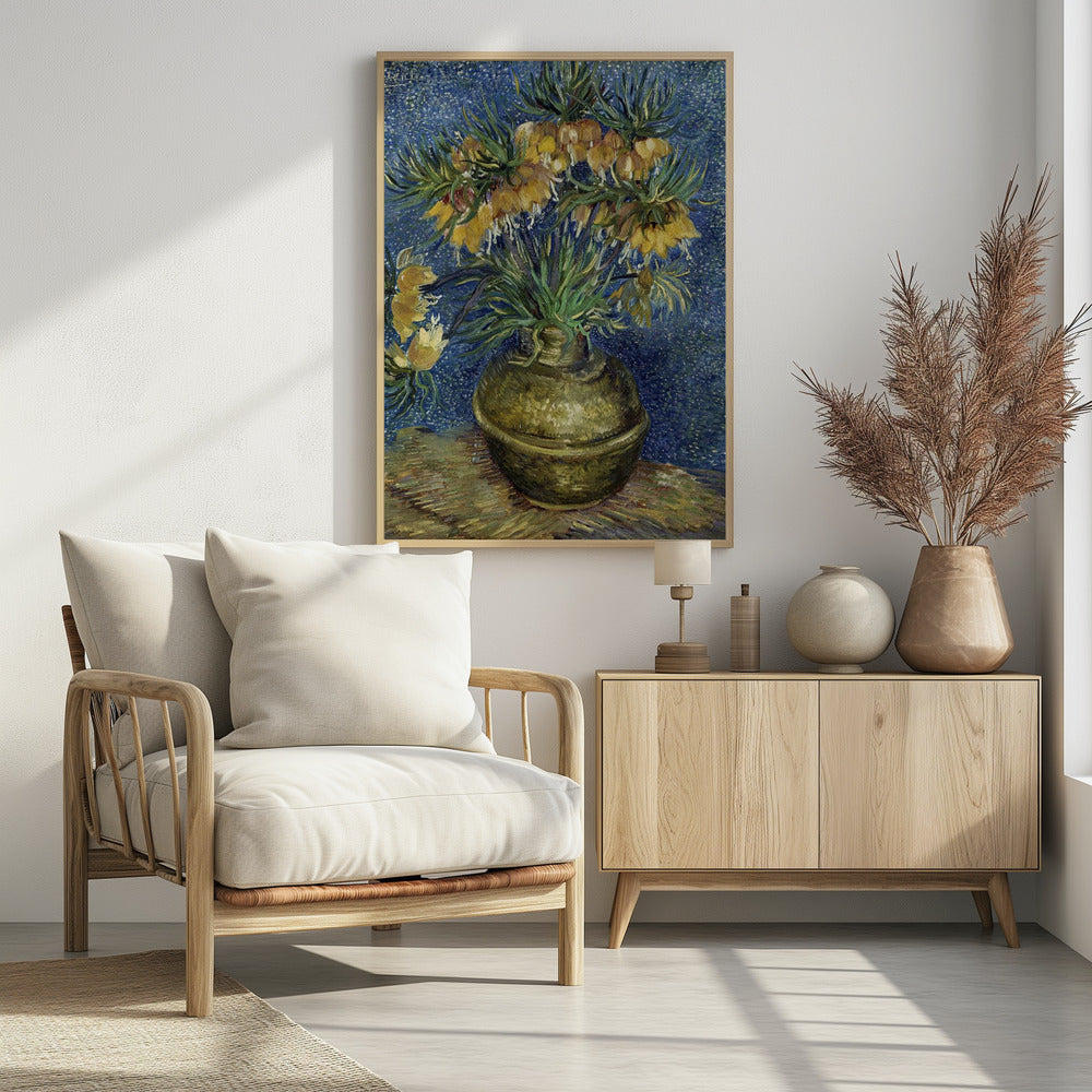 A post-impressionist still life painting by Vincent van Gogh featuring a bouquet of yellow Imperial Fritillaries with green leaves in a round copper vase against a vibrant, textured blue background. Artwork
